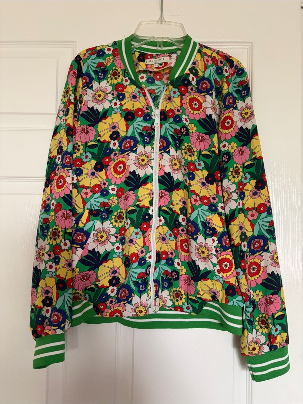 Floral Zip-Front Varsity Jacket - Green Multicolor